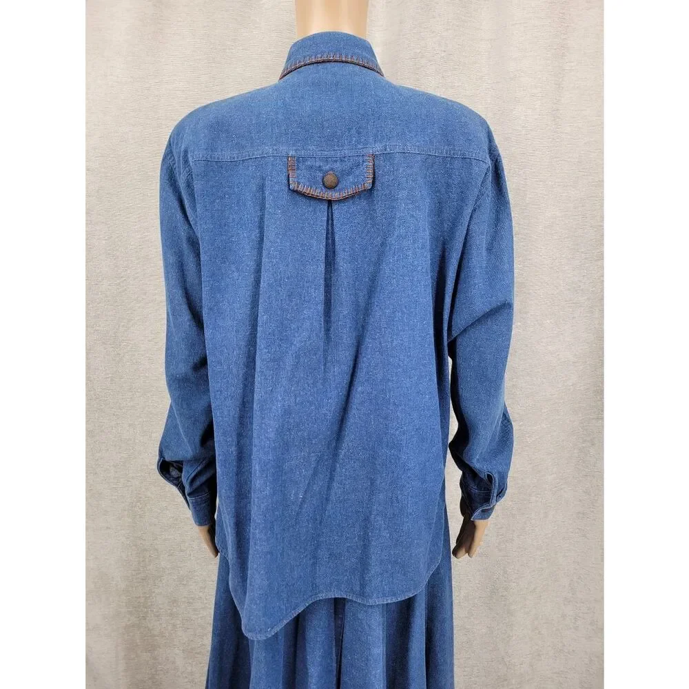 Vintage Denim Button-Up Shirt and Maxi Skirt Matching Set Western Cowgirl